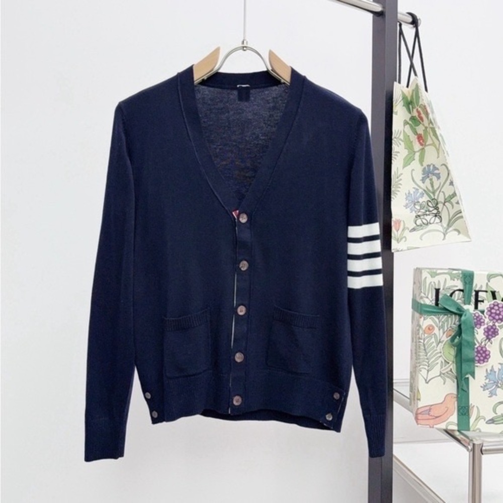 Thom Browne Dark Blue Cardigan with White Accents